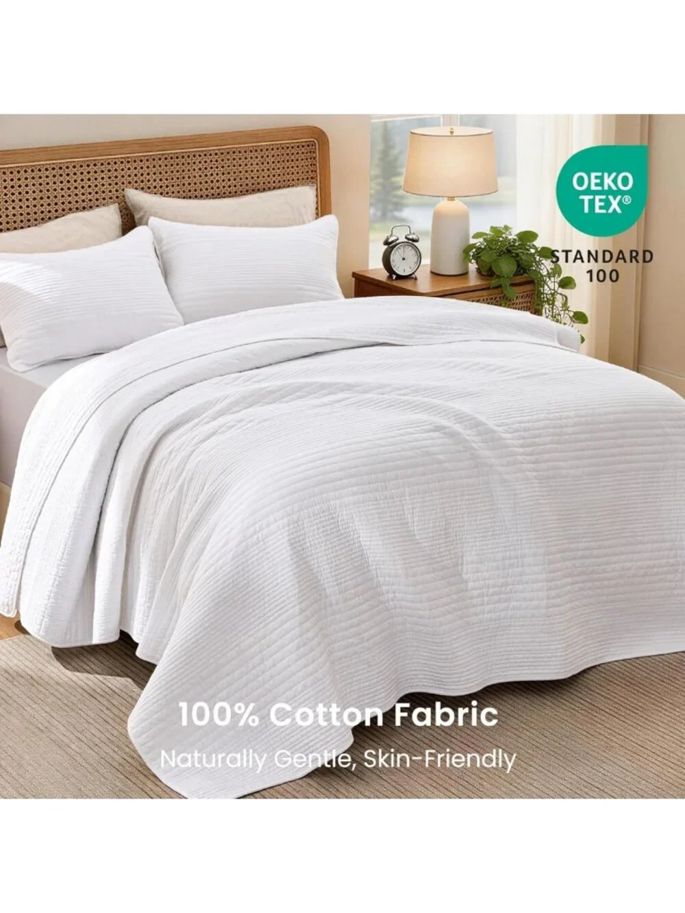Queen Size 100% Cotton Quilt Set - Lightweight Striped Coverlet & 2 Pillow Shams